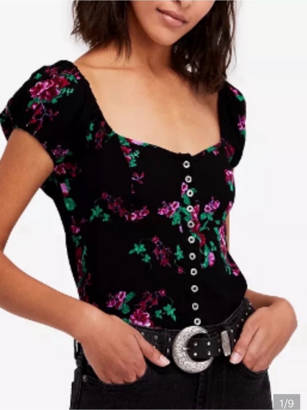 Free People Black Floral Blouse with Button Accents